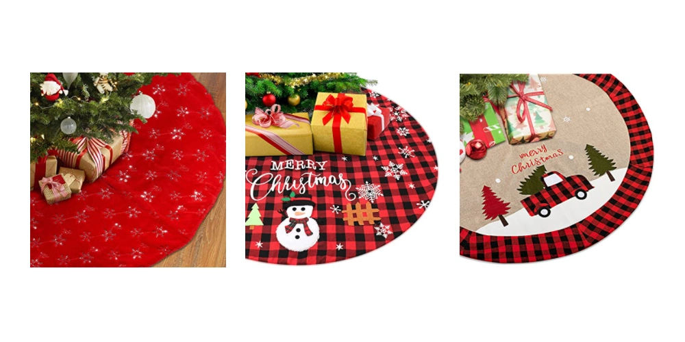 Christmas Tree Skirt 47 Inch Red Linen Xmas Tree Skirts with POM POM for Christmas Decorations, Winter New Year House Decoration Supplies