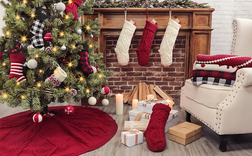 Christmas Tree Skirt, 48 Inch White Knitted Rustic Xmas Tree Skirt for Christmas Decorations Holiday Party Ornaments, Indoor and Outdoor